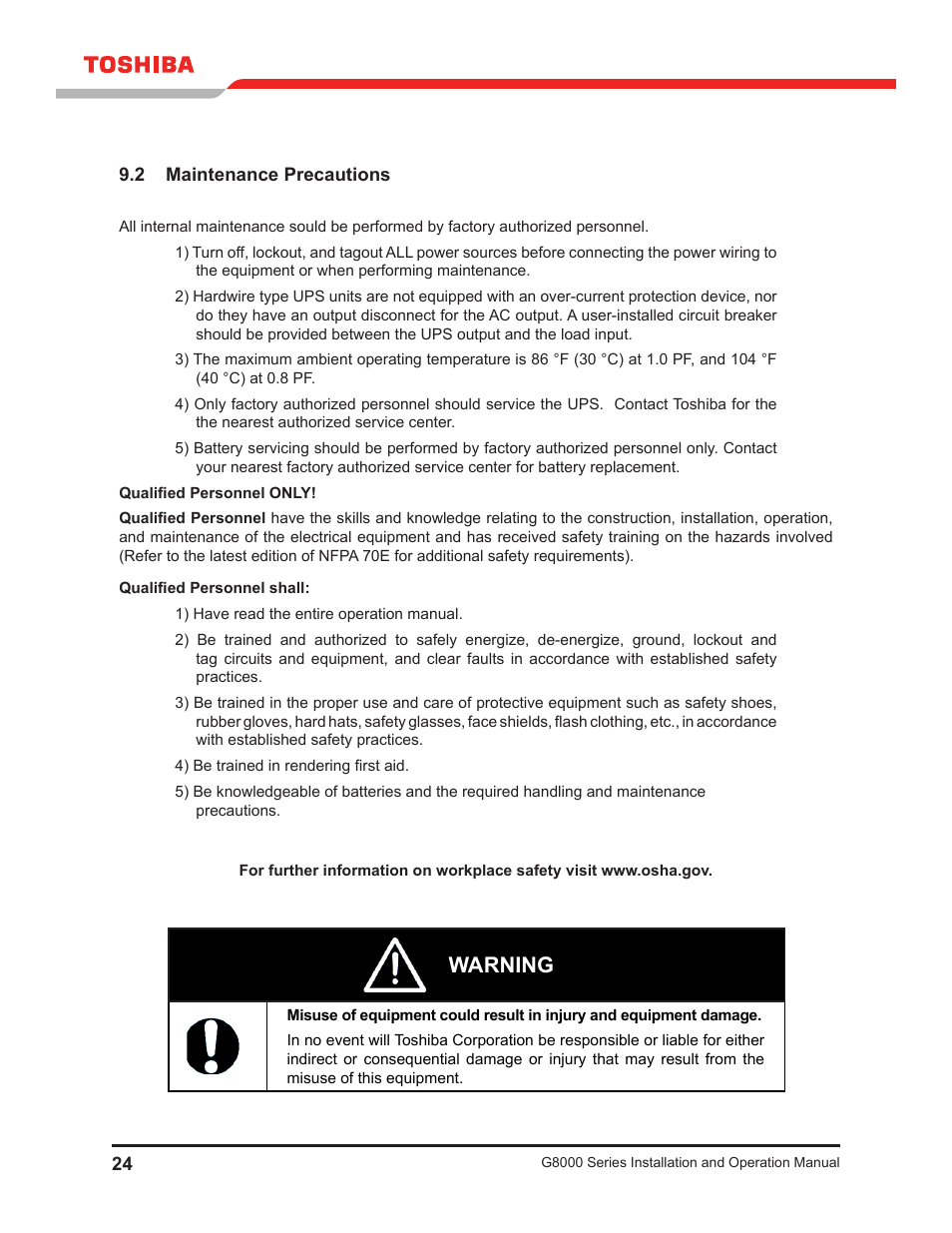 2 maintenance precautions, Warning | Toshiba G8000 User Manual | Page 32 / 79