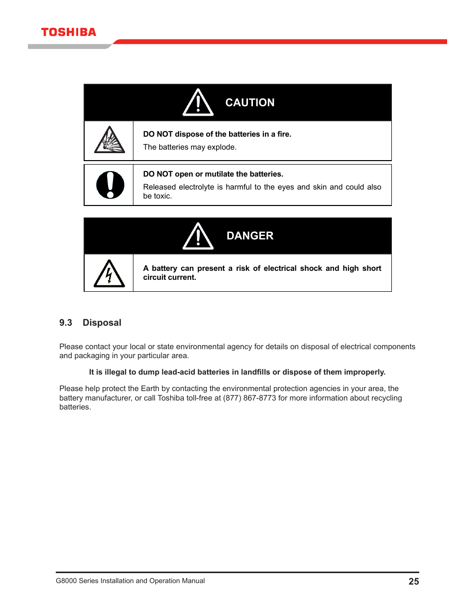 3 disposal, Caution, Danger | Toshiba G8000 User Manual | Page 33 / 79