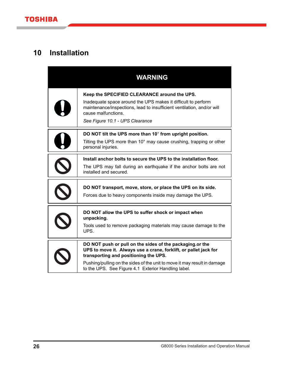 10 installation, Warning | Toshiba G8000 User Manual | Page 34 / 79