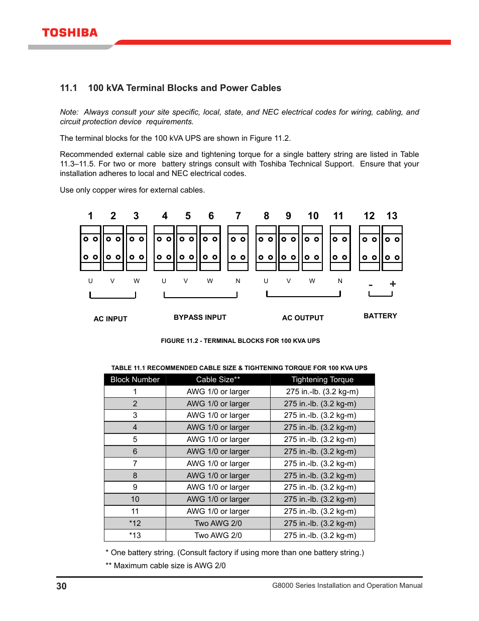 1 100 kva terminal blocks and power cables, 1 terminal blocks and power cables | Toshiba G8000 User Manual | Page 38 / 79