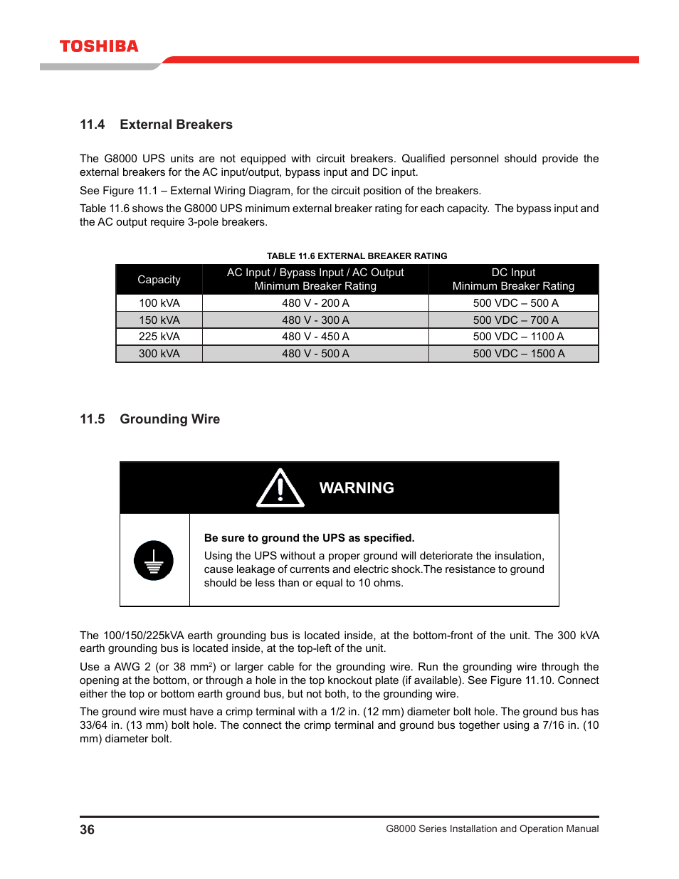4 external breakers, 5 grounding wire, 4 external breakers 11.5 grounding wire | Warning | Toshiba G8000 User Manual | Page 44 / 79