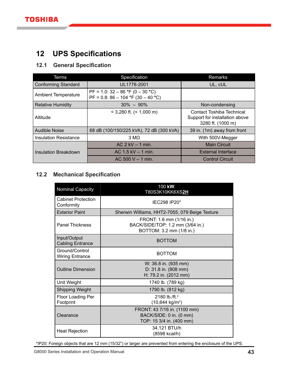 12 ups specifications, 1 general specification, 2 mechanical specification | Toshiba G8000 User Manual | Page 51 / 79
