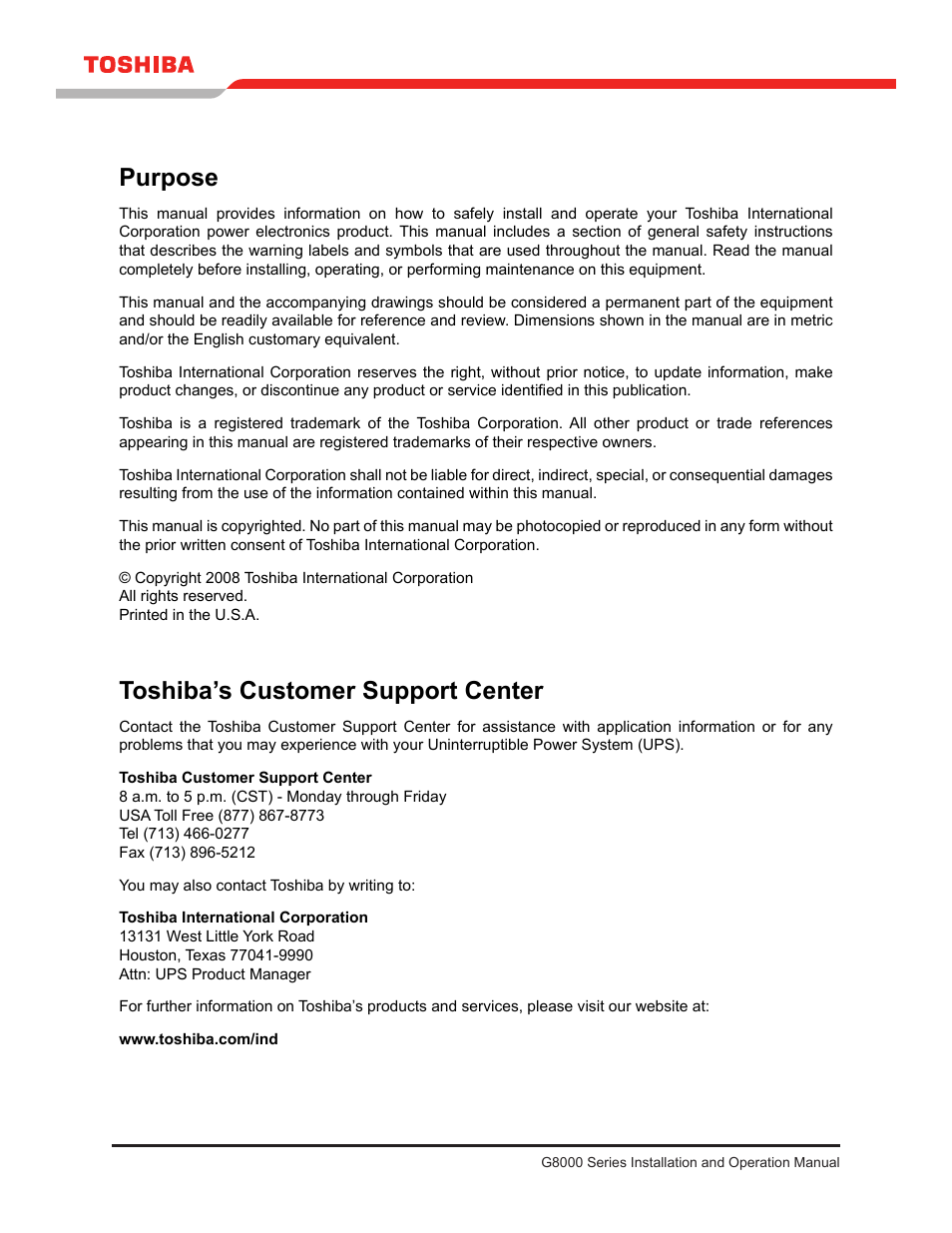Purpose, Toshiba’s customer support center | Toshiba G8000 User Manual | Page 6 / 79