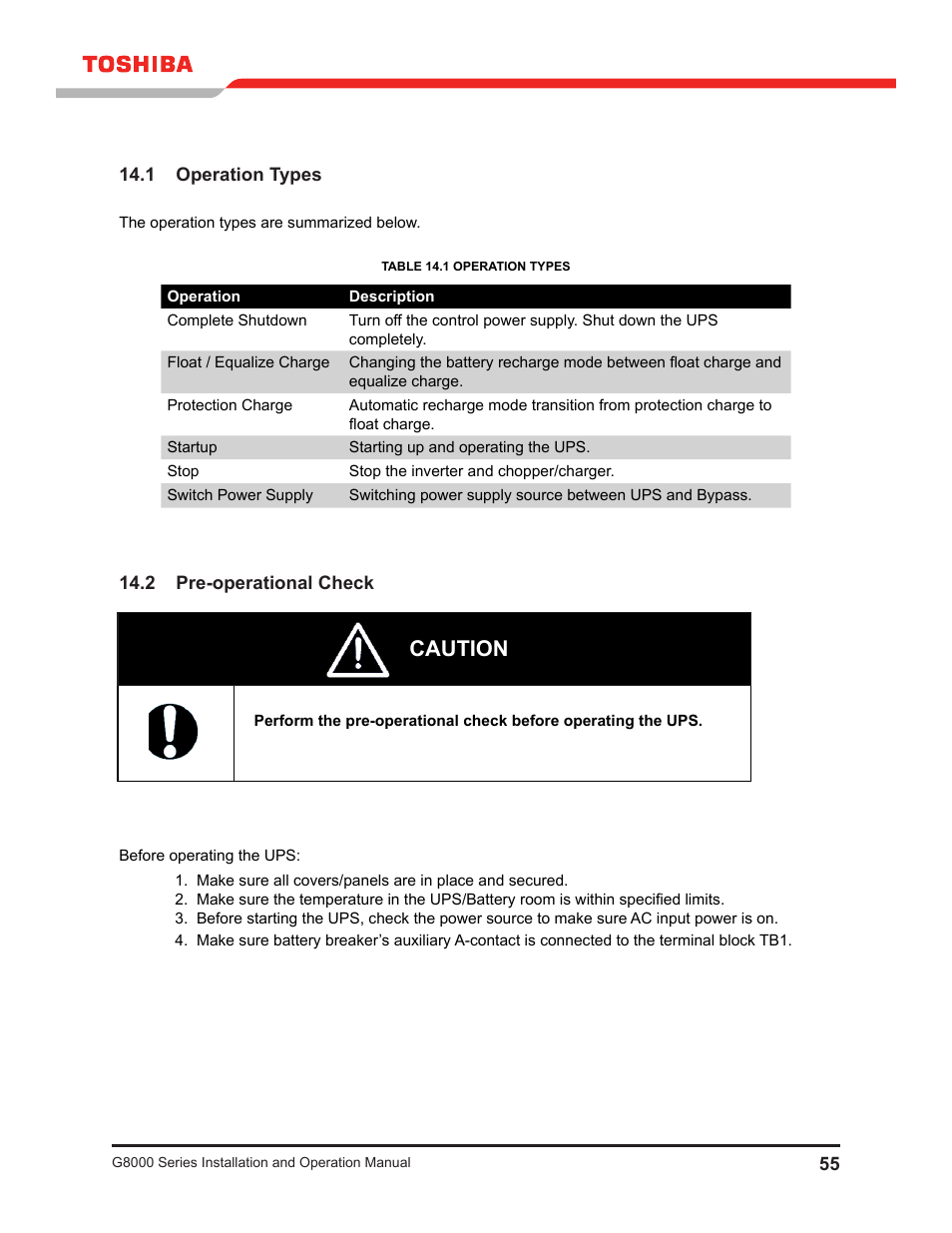 1 operation types, 2 pre-operational check, 1 operation types 14.2 pre-operational check | Caution | Toshiba G8000 User Manual | Page 63 / 79