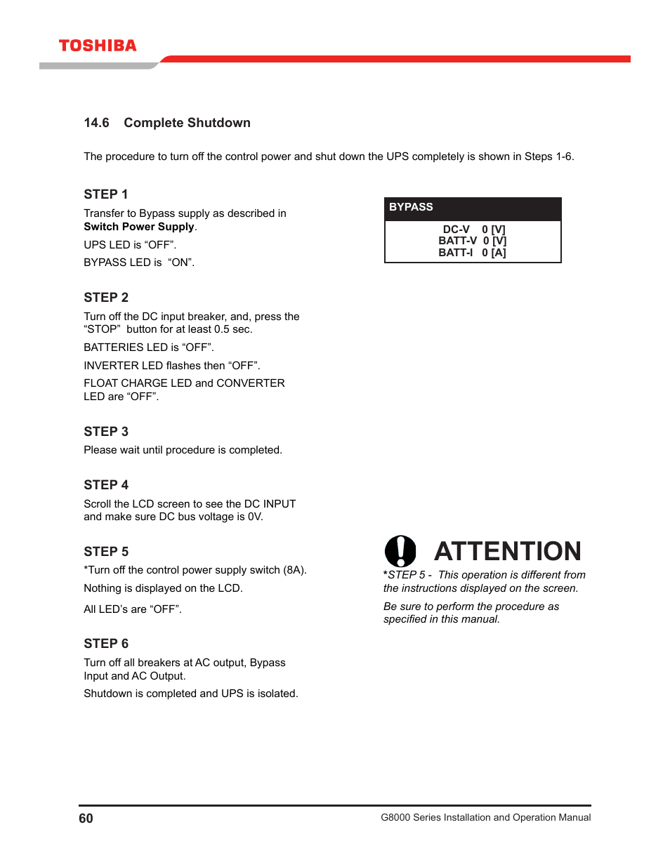 6 complete shutdown, Attention | Toshiba G8000 User Manual | Page 68 / 79