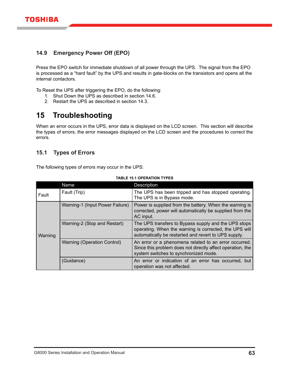 9 emergency power off (epo), 15 troubleshooting, 1 types of errors | Toshiba G8000 User Manual | Page 71 / 79