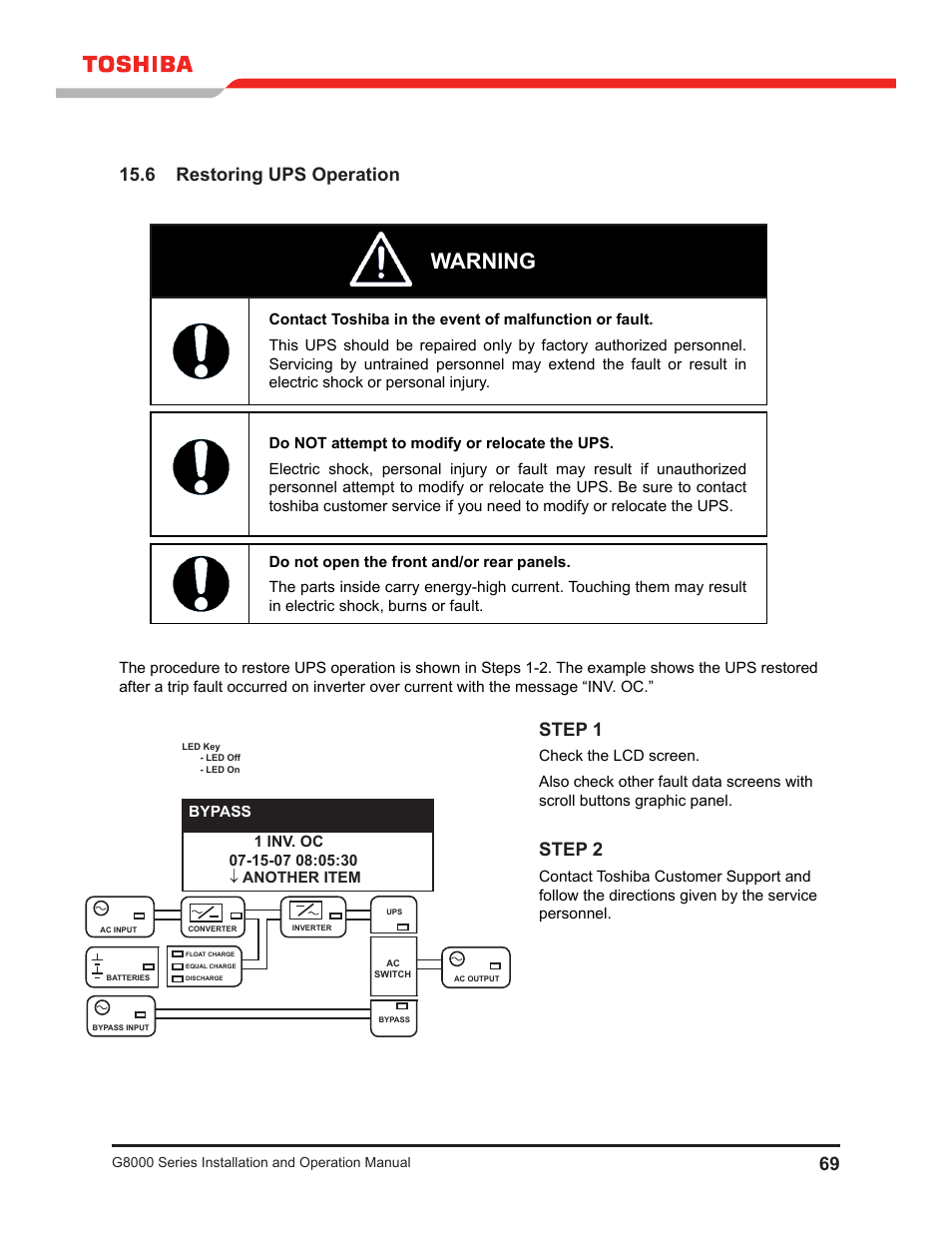 6 restoring ups operation, Warning, Step 1 | Step 2 | Toshiba G8000 User Manual | Page 77 / 79