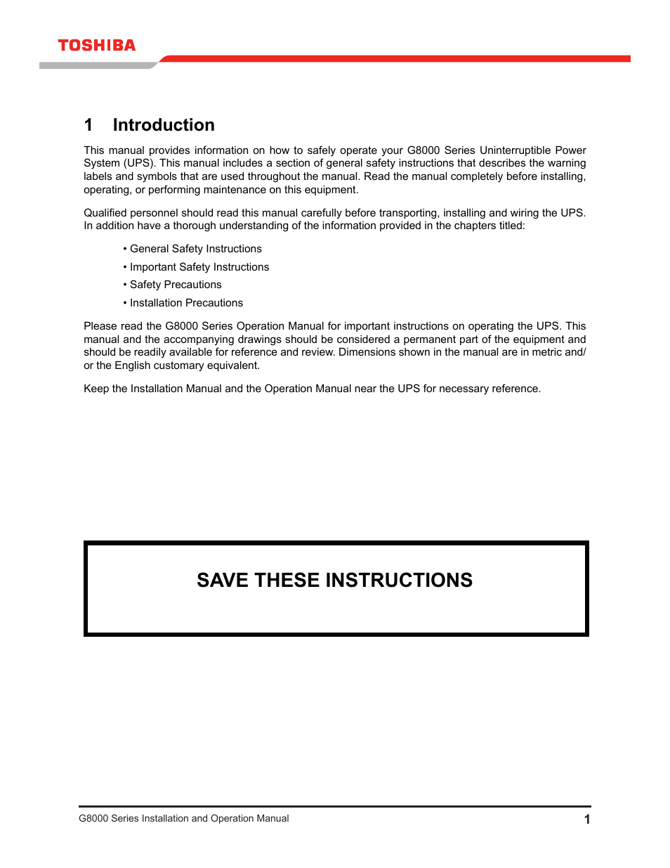 1 introduction, Save these instructions | Toshiba G8000 User Manual | Page 9 / 79