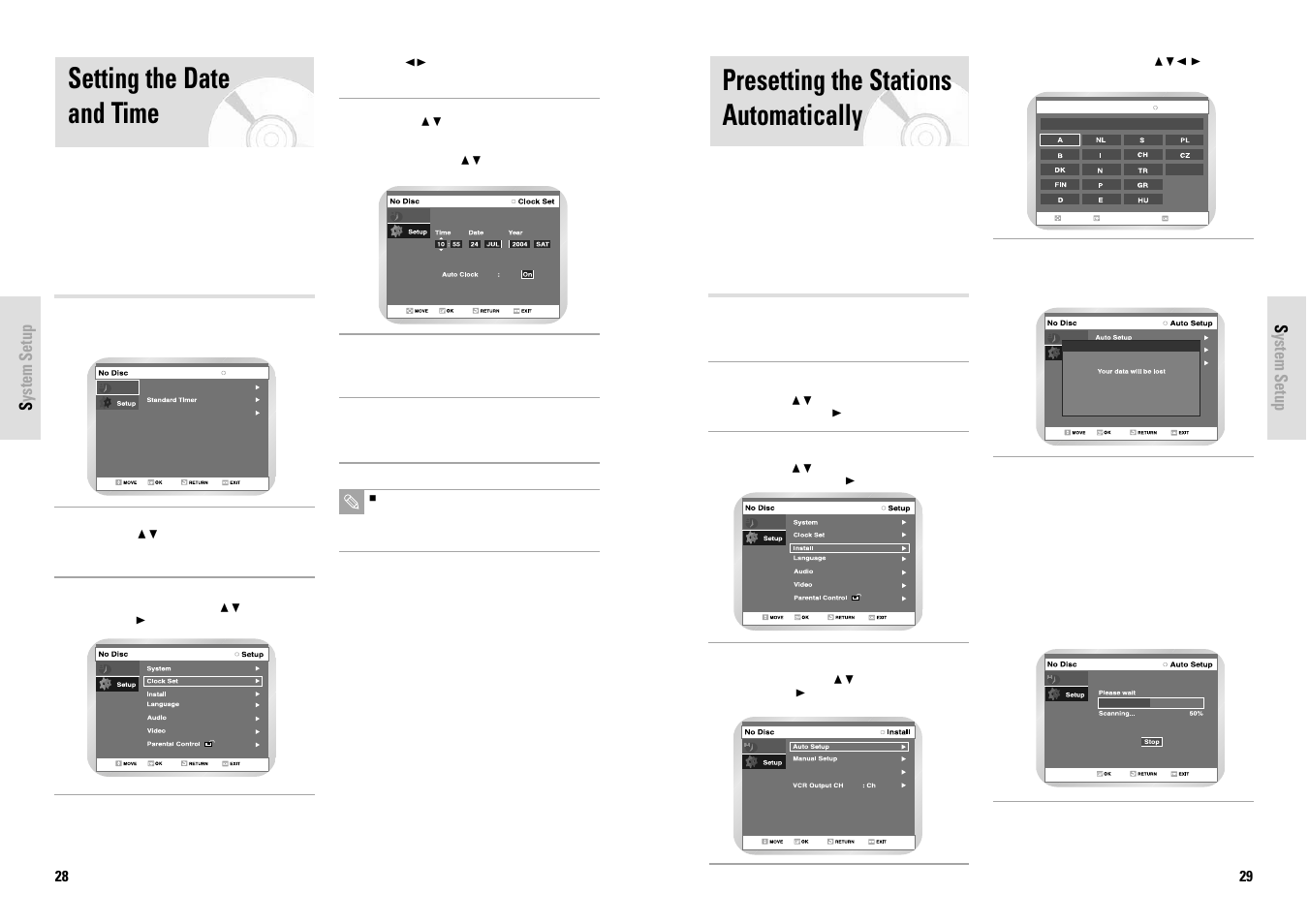 Setting the date and time, Presetting the stations automatically | Toshiba D-VR3SG User Manual | Page 15 / 56