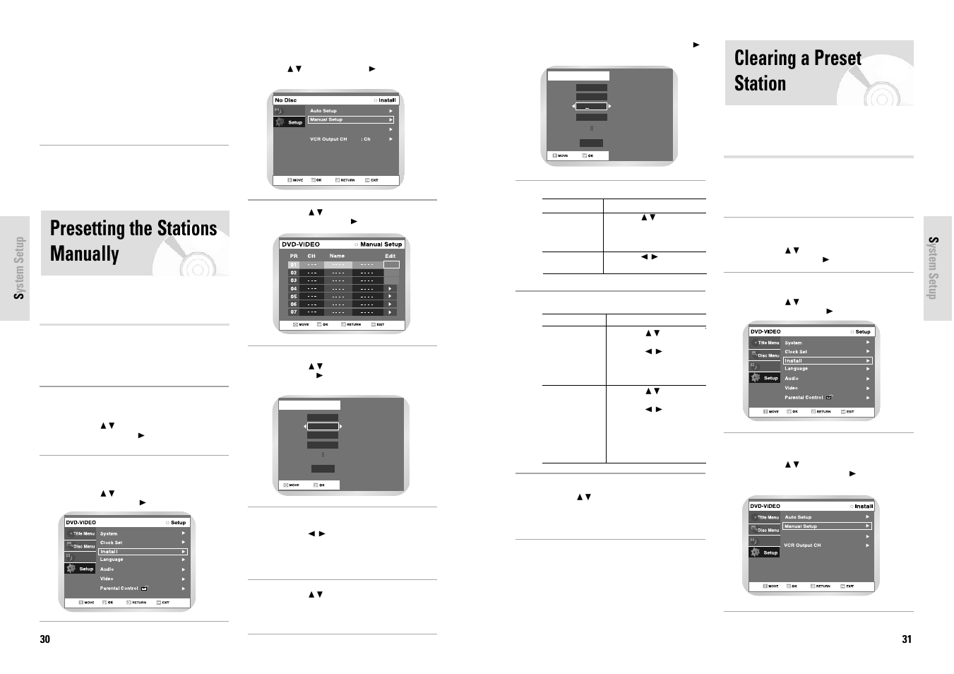 Clearing a preset station, Presetting the stations manually | Toshiba D-VR3SG User Manual | Page 16 / 56