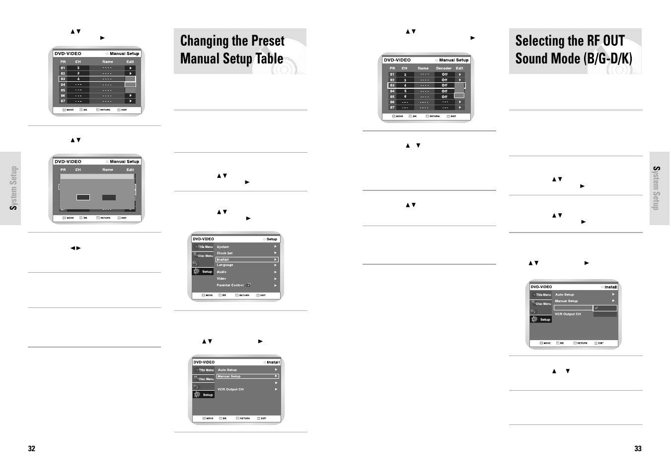 Changing the preset manual setup table, Selecting the rf out sound mode (b/g-d/k) | Toshiba D-VR3SG User Manual | Page 17 / 56