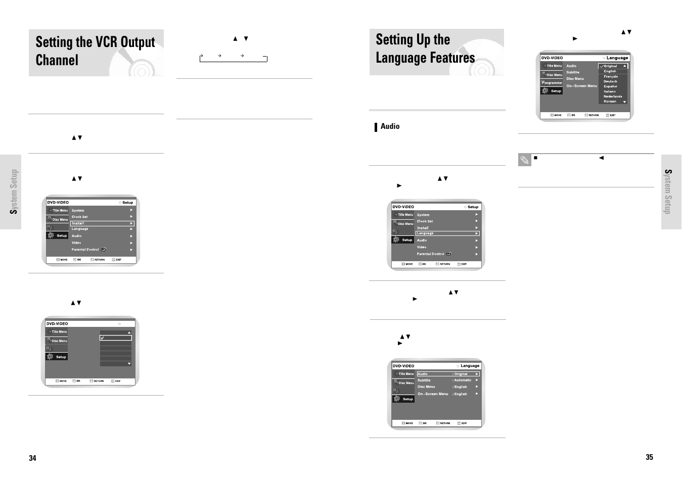 Setting up the language features, Setting the vcr output channel | Toshiba D-VR3SG User Manual | Page 18 / 56