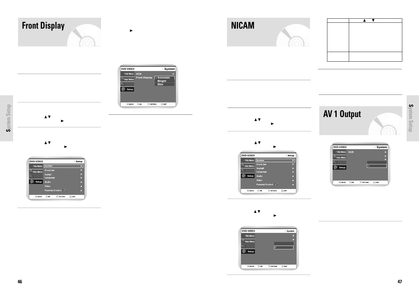 Nicam av 1 output, Front display | Toshiba D-VR3SG User Manual | Page 24 / 56