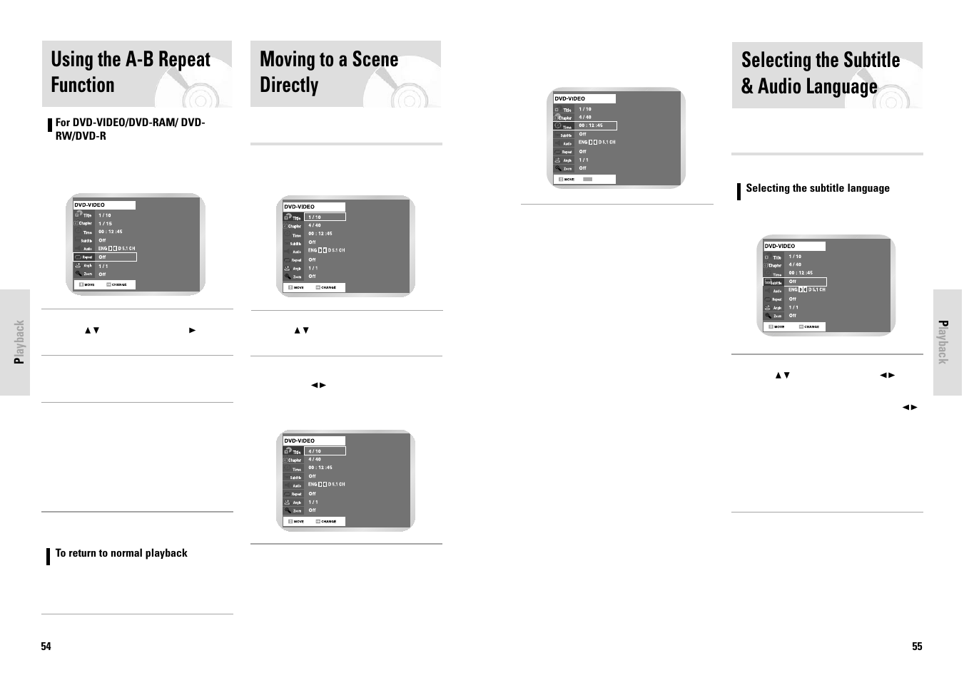 Selecting the subtitle & audio language, Moving to a scene directly, Using the a-b repeat function | Toshiba D-VR3SG User Manual | Page 28 / 56