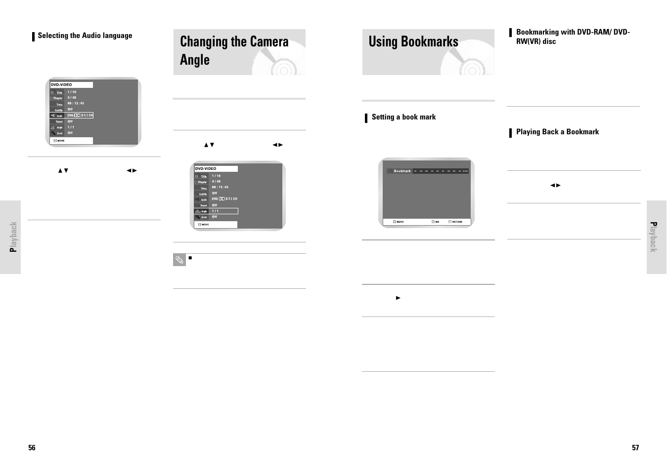 Using bookmarks, Changing the camera angle | Toshiba D-VR3SG User Manual | Page 29 / 56
