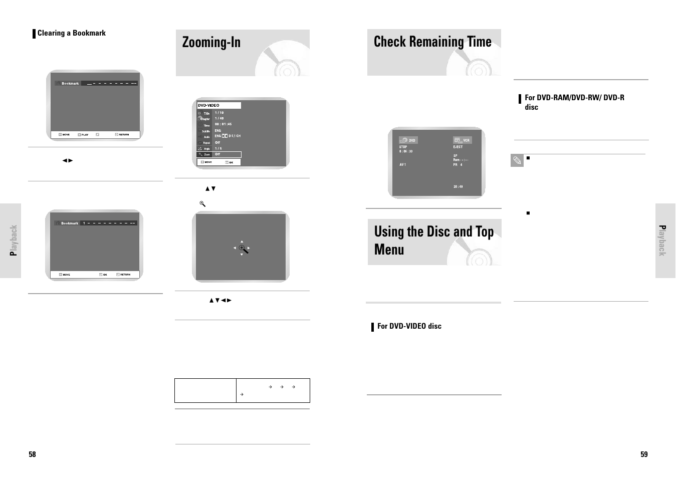 Using the disc and top menu, Check remaining time, Zooming-in | Toshiba D-VR3SG User Manual | Page 30 / 56