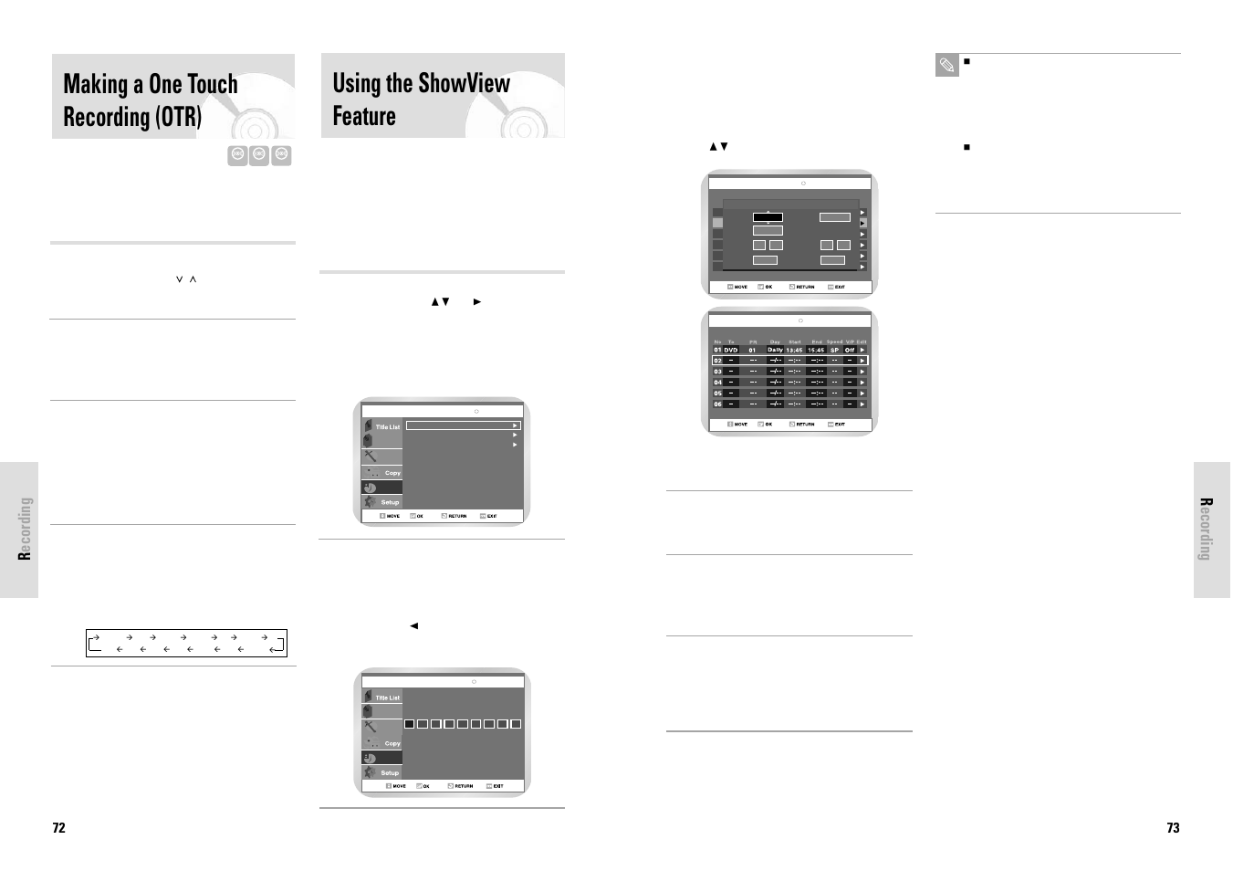 Making a one touch recording (otr), Using the showview feature, Recording | English - 73, 72 - english, Start recording, Activate otr, Add recording time | Toshiba D-VR3SG User Manual | Page 37 / 56