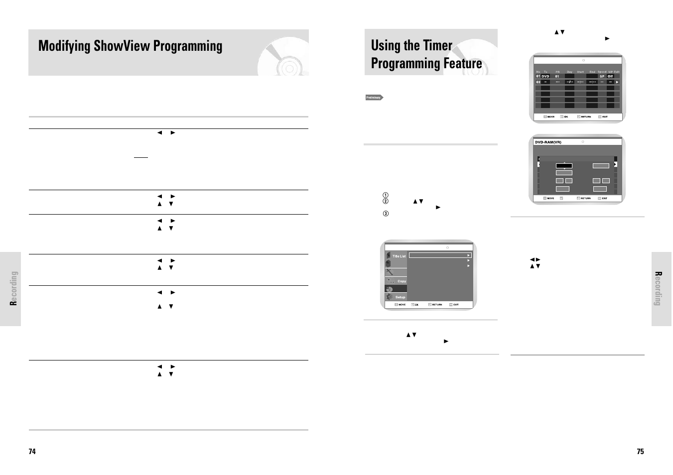 Recording, English - 75, 74 - english | Press the show view button, Set timer recording option | Toshiba D-VR3SG User Manual | Page 38 / 56