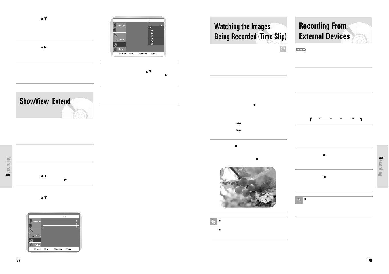 Watching the images being recorded (time slip), Recording from external devices, Showview extend | Toshiba D-VR3SG User Manual | Page 40 / 56