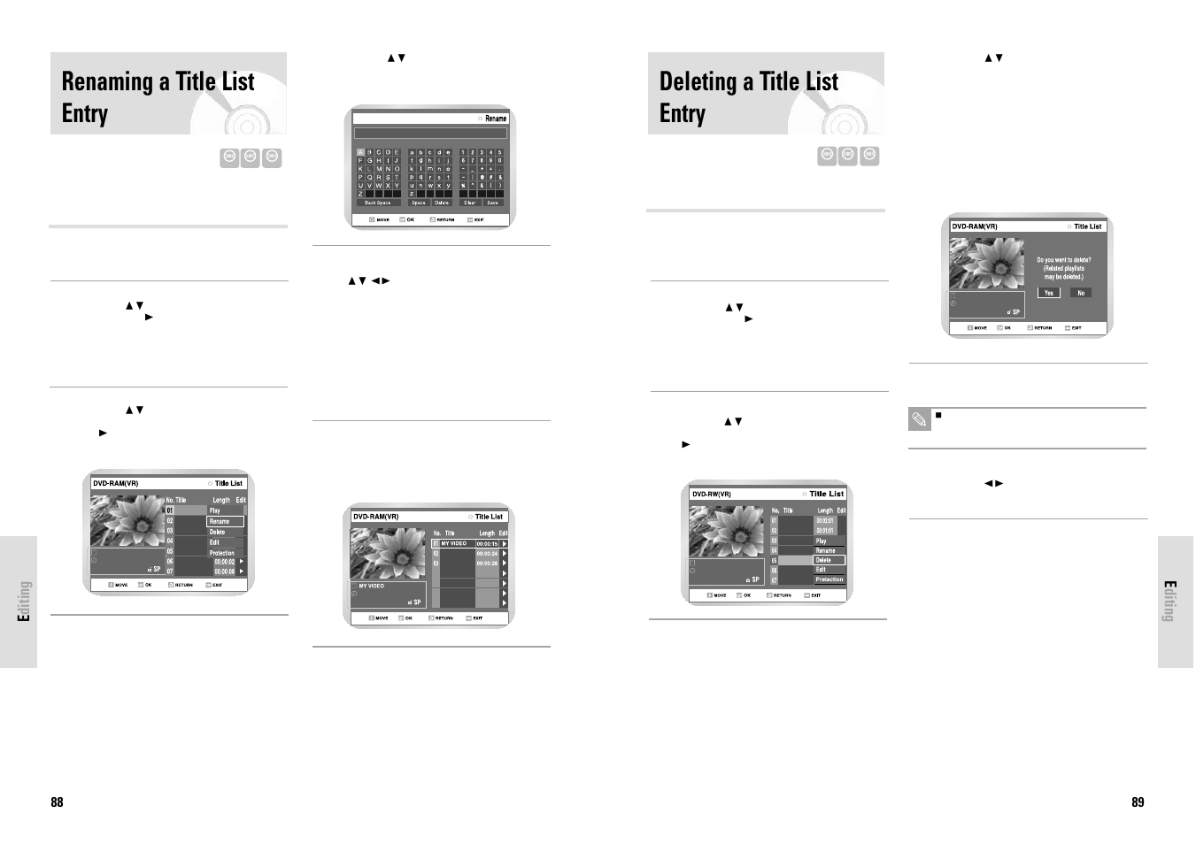 Deleting a title list entry, Renaming a title list entry, Editing | Toshiba D-VR3SG User Manual | Page 45 / 56