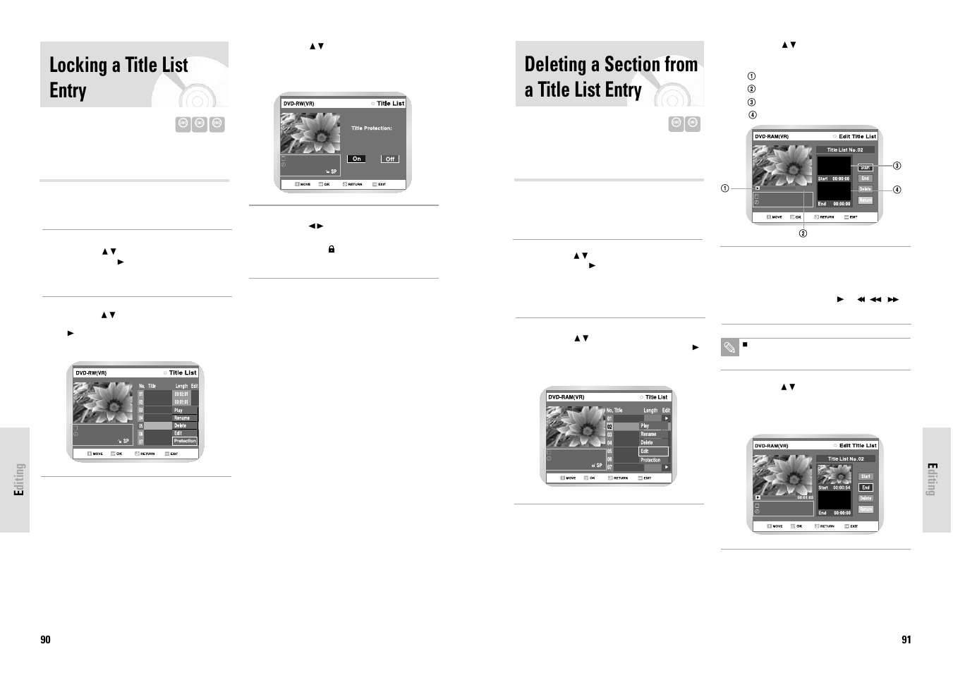 Locking a title list entry, Editing | Toshiba D-VR3SG User Manual | Page 46 / 56