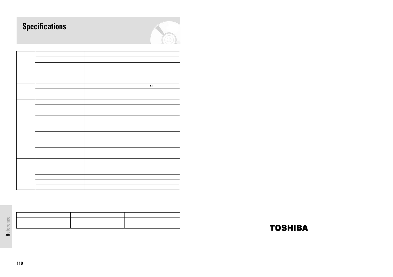 Specifications, Reference, 110 - english | Printed in korea | Toshiba D-VR3SG User Manual | Page 56 / 56