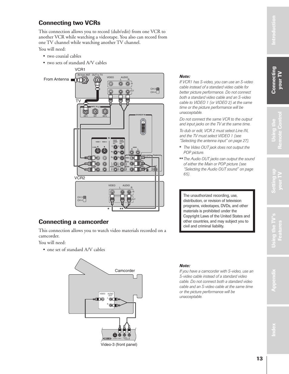 Connecting two vcrs, Connecting a camcorder, The video out jack does not output the pop picture | Vcr1 from antenna tv, Camcorder video-3 (front panel) vcr2 | Toshiba 46HX83 User Manual | Page 13 / 76