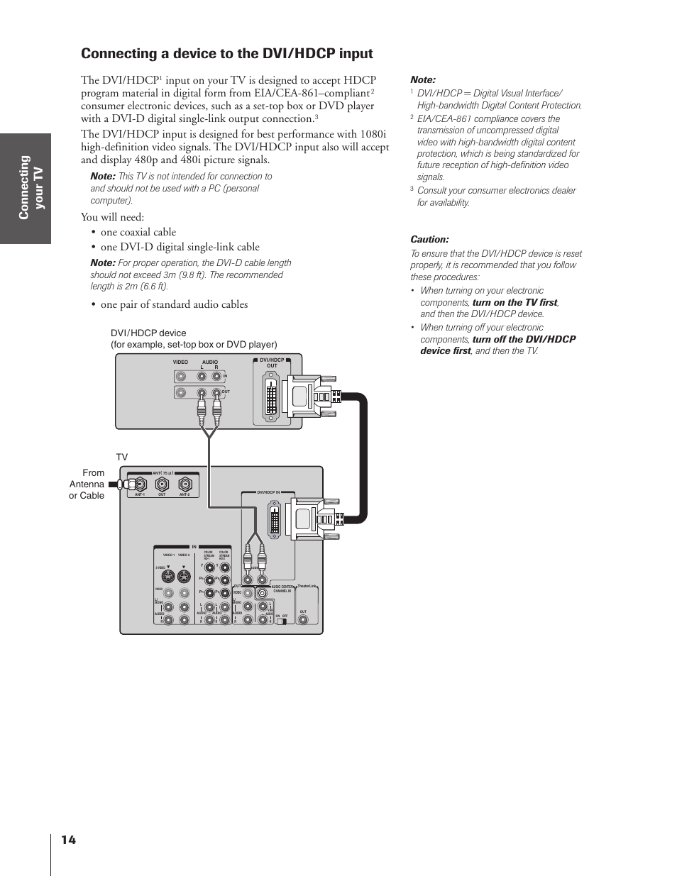 Connecting a device to the dvi/hdcp input, The dvi/hdcp, One pair of standard audio cables | Toshiba 46HX83 User Manual | Page 14 / 76