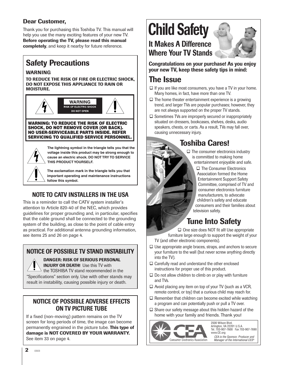 Child safety, It makes a difference where your tv stands, The issue | Toshiba cares, Tune into safety, Safety precautions, Notice of possible tv stand instability | Toshiba 46HX83 User Manual | Page 2 / 76