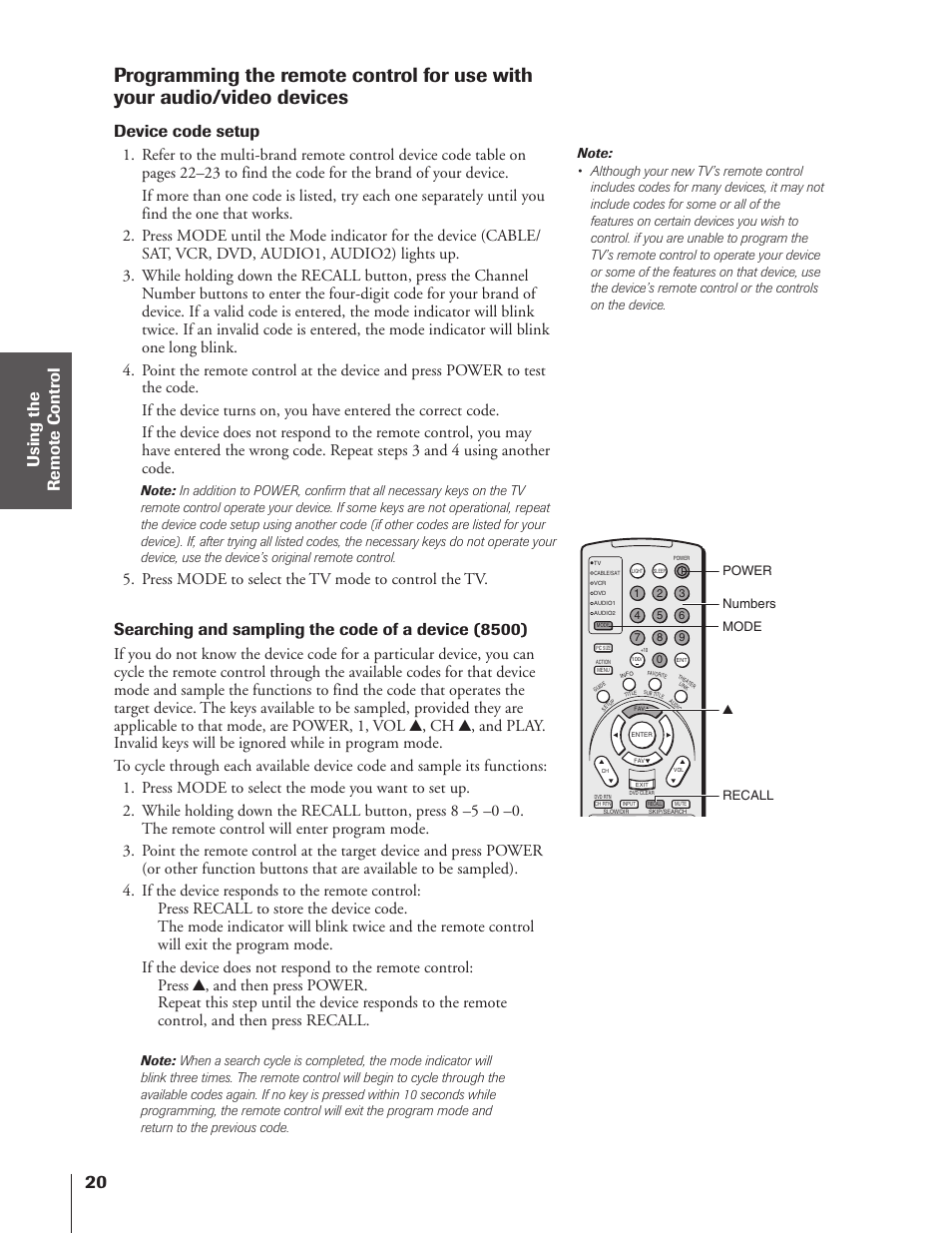 Device code setup, Searching and sampling the code of a device (8500), Press mode to select the tv mode to control the tv | Toshiba 46HX83 User Manual | Page 20 / 76