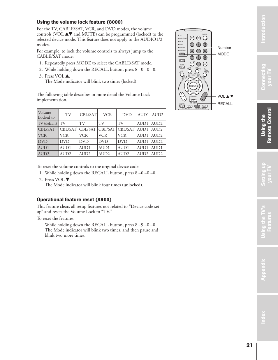 Using the volume lock feature (8000), Operational feature reset (8900) | Toshiba 46HX83 User Manual | Page 21 / 76