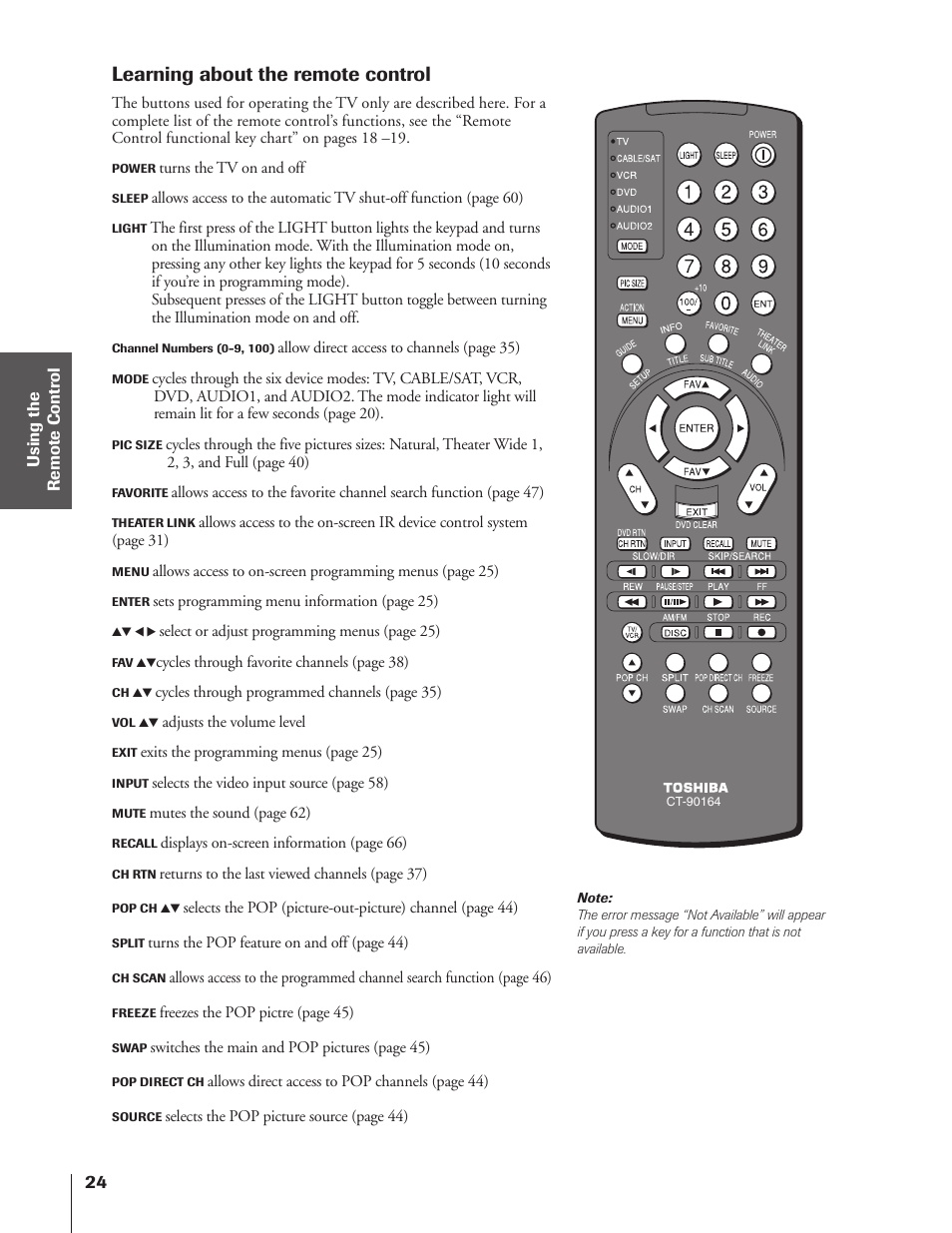 Learning about the remote control | Toshiba 46HX83 User Manual | Page 24 / 76