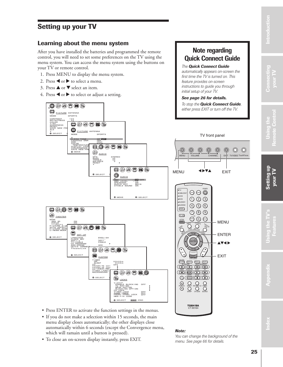 Setting up your tv, Learning about the menu system, Exit yzx • exit menu menu x •zy tv front panel | Enter | Toshiba 46HX83 User Manual | Page 25 / 76