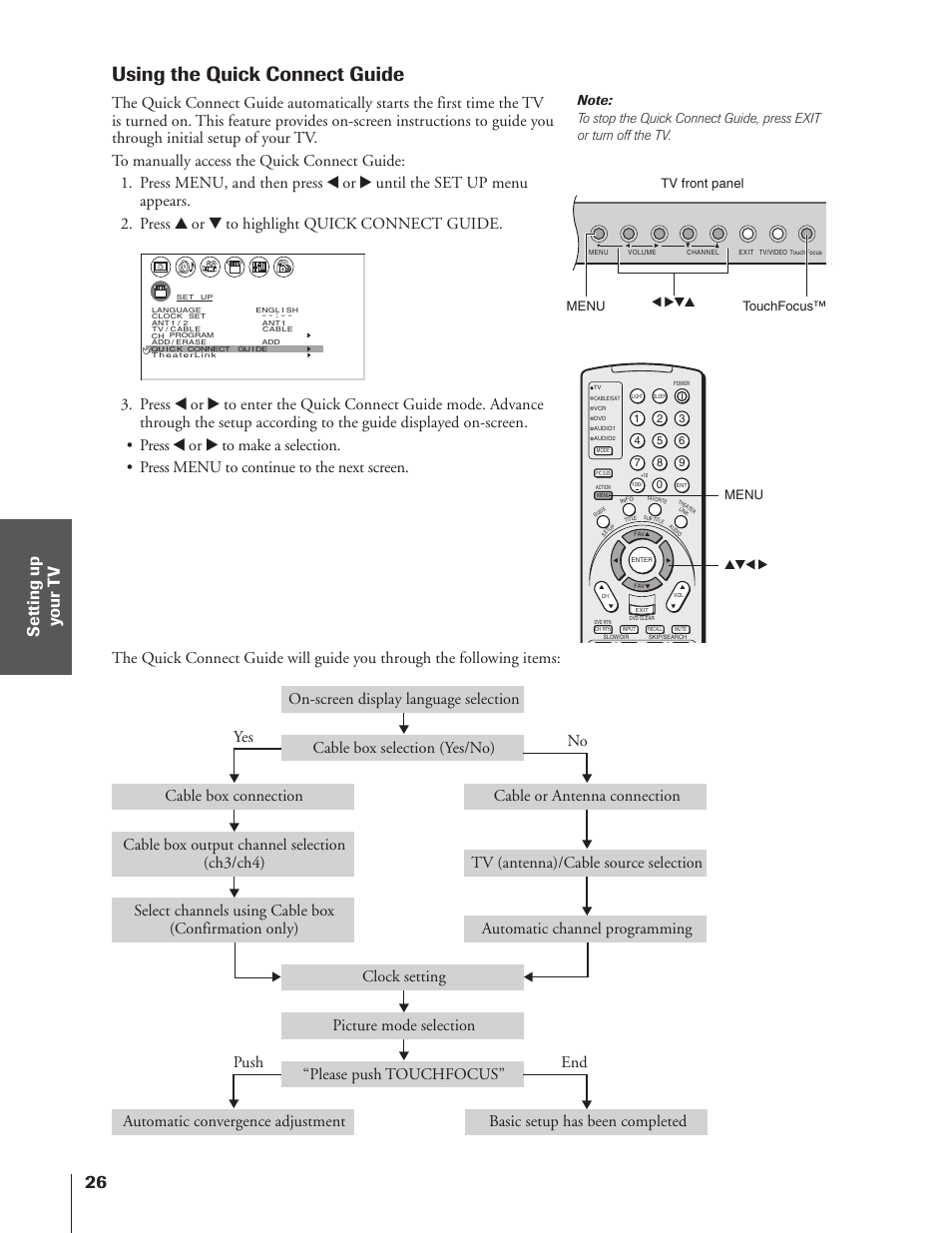 Using the quick connect guide, Yes no, Menu yzx | Touchfocus™ menu x •zy tv front panel | Toshiba 46HX83 User Manual | Page 26 / 76