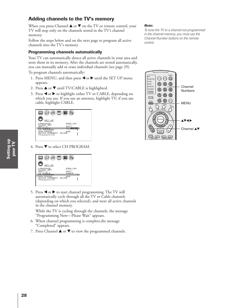 Programming channels automatically, Press z to select ch program, Menu yzx • channel yz | Channel numbers | Toshiba 46HX83 User Manual | Page 28 / 76