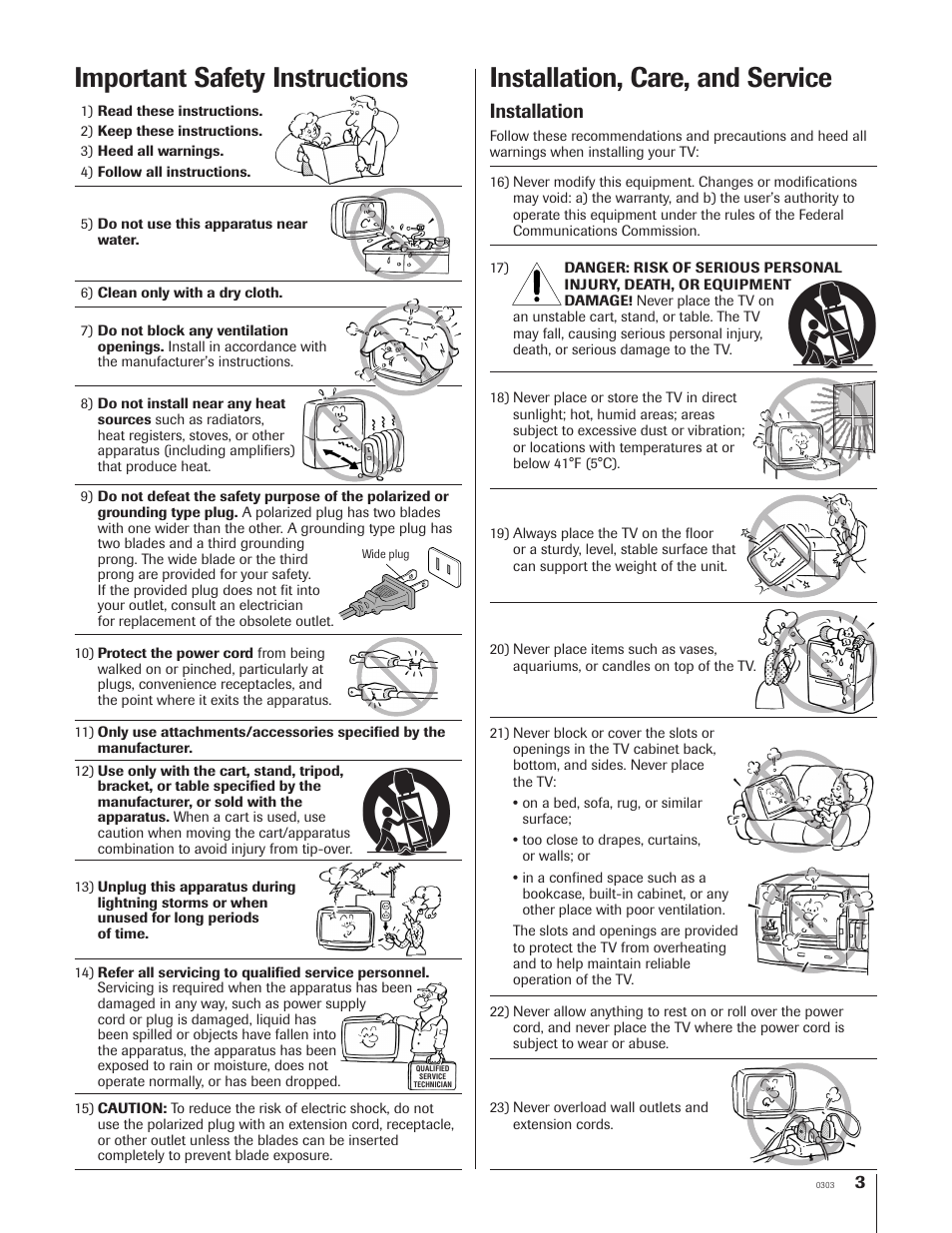 Installation, care, and service, Important safety instructions, Installation | Toshiba 46HX83 User Manual | Page 3 / 76