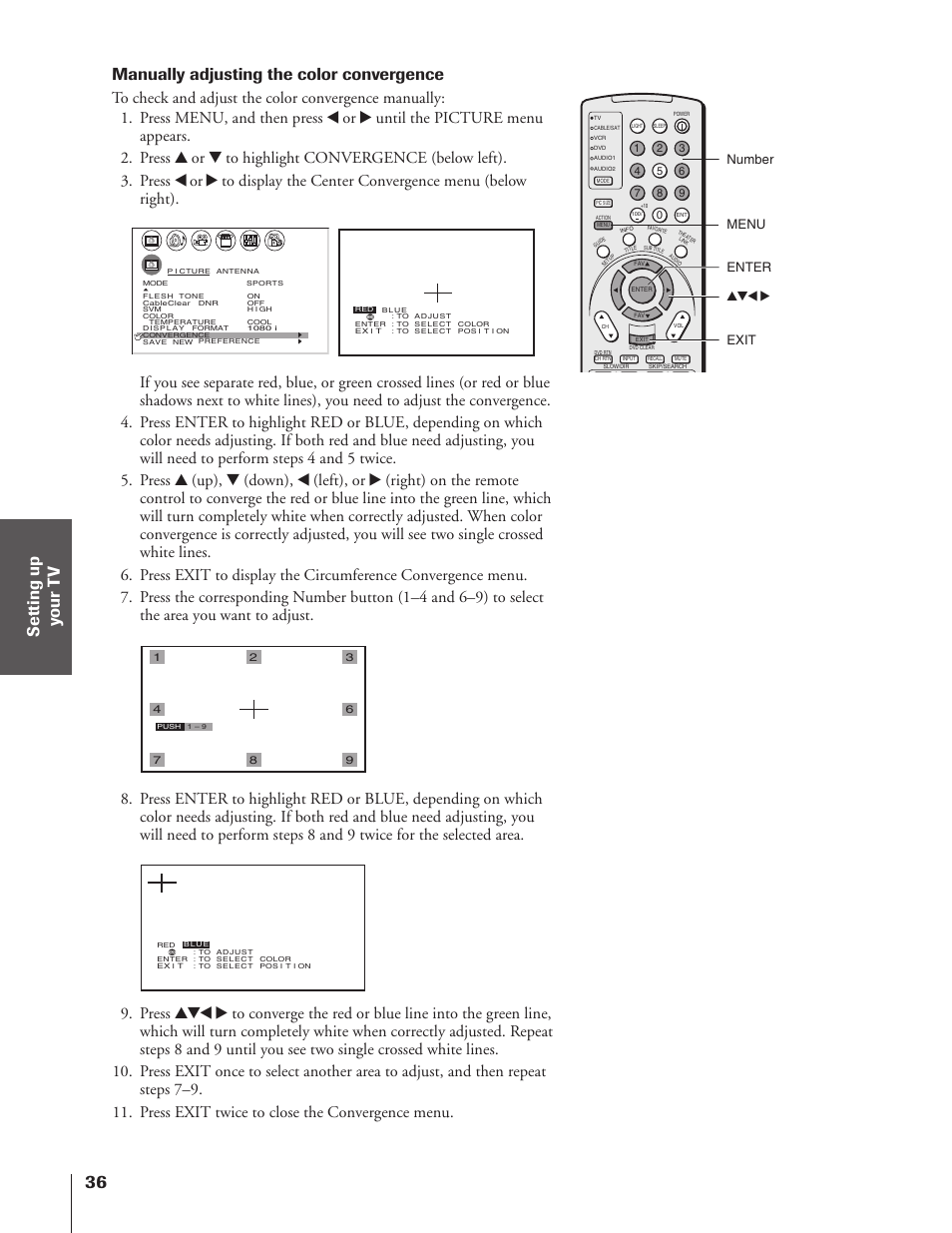 Manually adjusting the color convergence, Enter yzx • number menu, Exit | Toshiba 46HX83 User Manual | Page 36 / 76