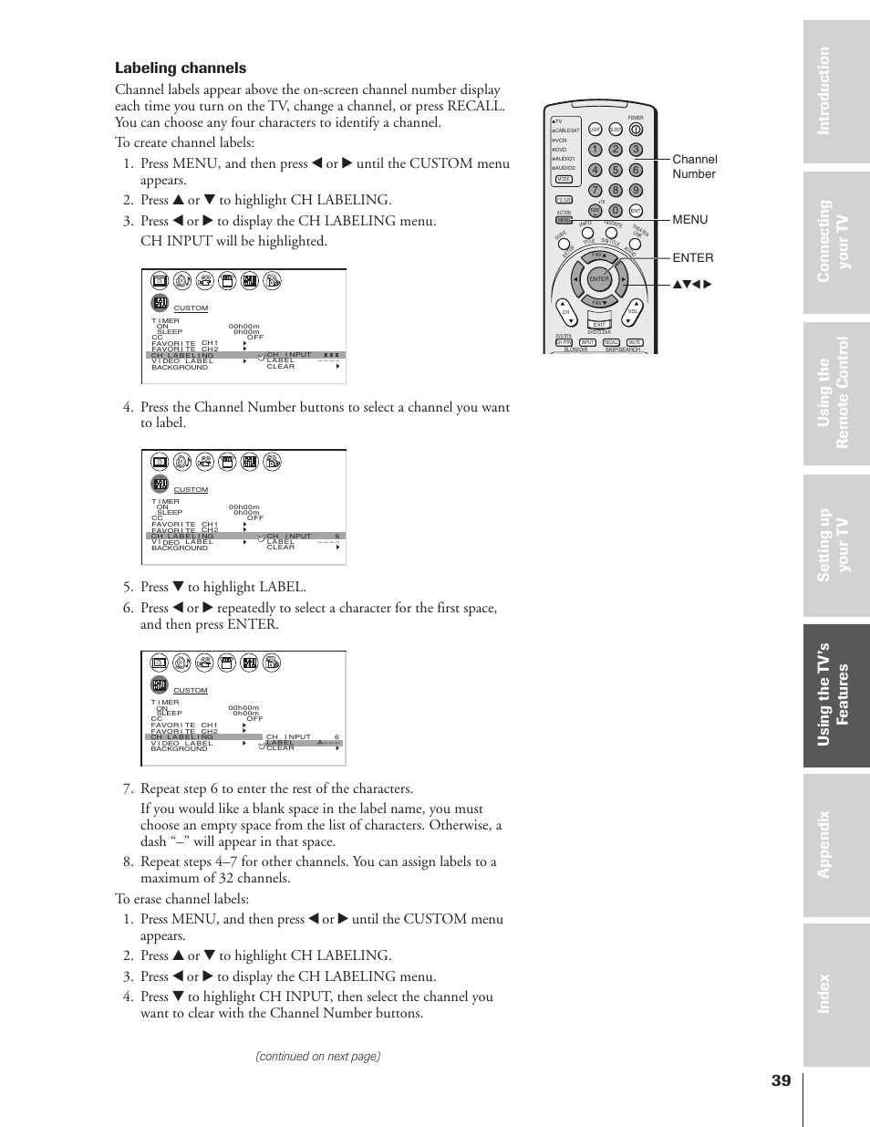 Labeling channels, Continued on next page), Yzx • channel number menu | Enter | Toshiba 46HX83 User Manual | Page 39 / 76