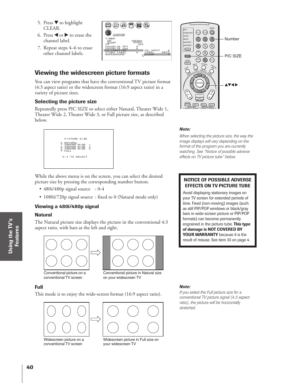 Viewing the widescreen picture formats, Selecting the picture size, Pic size | Number | Toshiba 46HX83 User Manual | Page 40 / 76