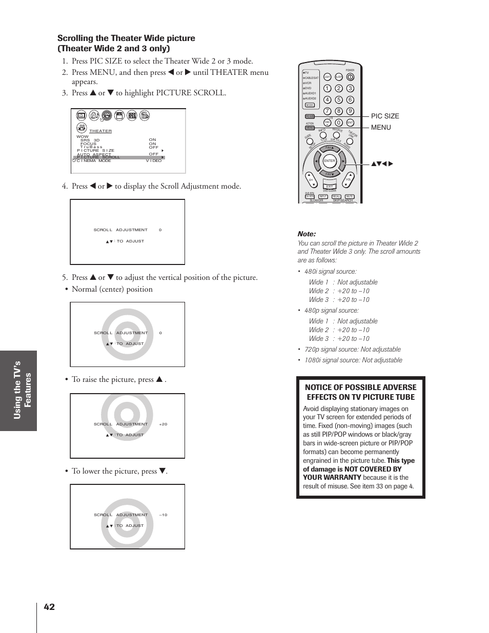 Press x or • to display the scroll adjustment mode, Pic size menu | Toshiba 46HX83 User Manual | Page 42 / 76