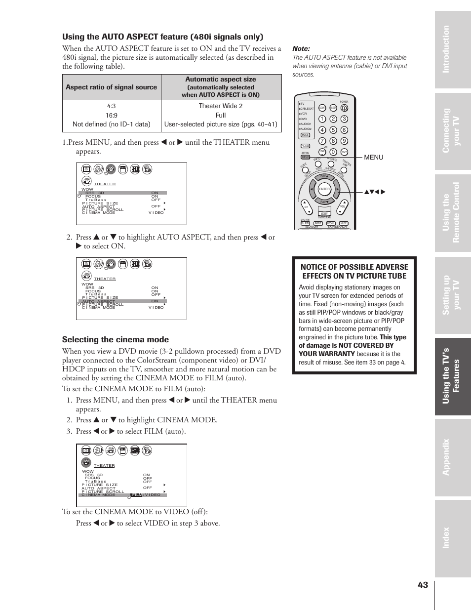 Using the auto aspect feature (480i signals only), Selecting the cinema mode, Yzx • menu | Automatically selected when auto aspect is on) | Toshiba 46HX83 User Manual | Page 43 / 76