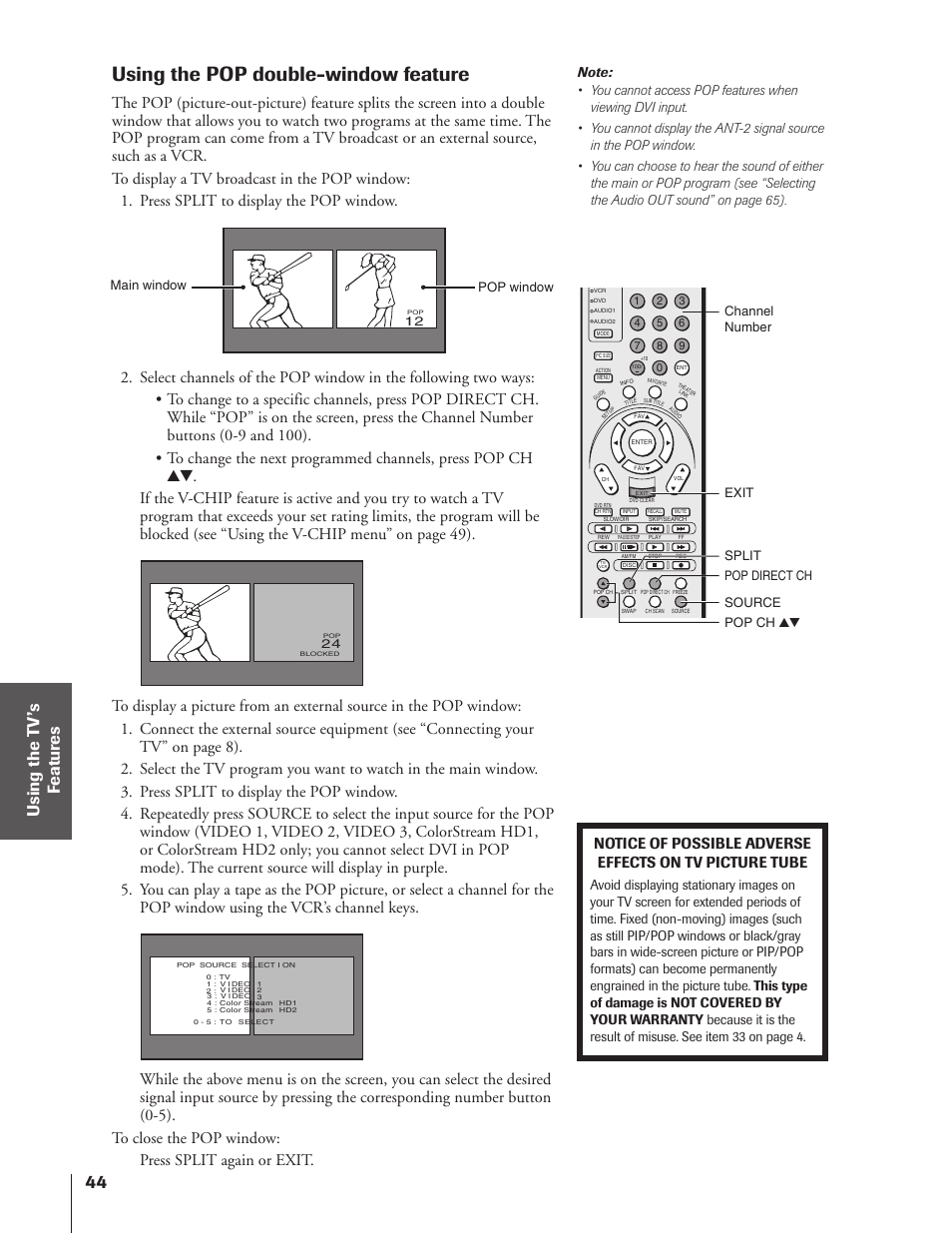 Using the pop double-window feature | Toshiba 46HX83 User Manual | Page 44 / 76