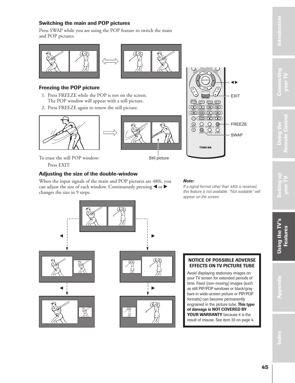 Switching the main and pop pictures, Freezing the pop picture, Adjusting the size of the double-window | Toshiba 46HX83 User Manual | Page 45 / 76