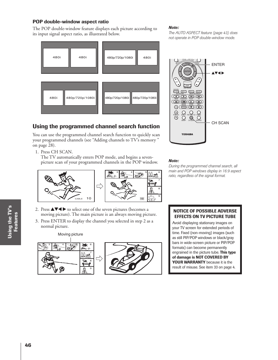 Using the programmed channel search function, Pop double-window aspect ratio | Toshiba 46HX83 User Manual | Page 46 / 76