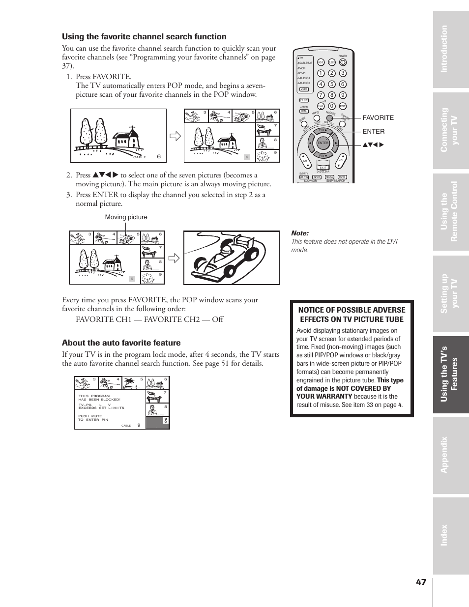 Using the favorite channel search function, About the auto favorite feature, Moving picture | Yzx • favorite enter | Toshiba 46HX83 User Manual | Page 47 / 76