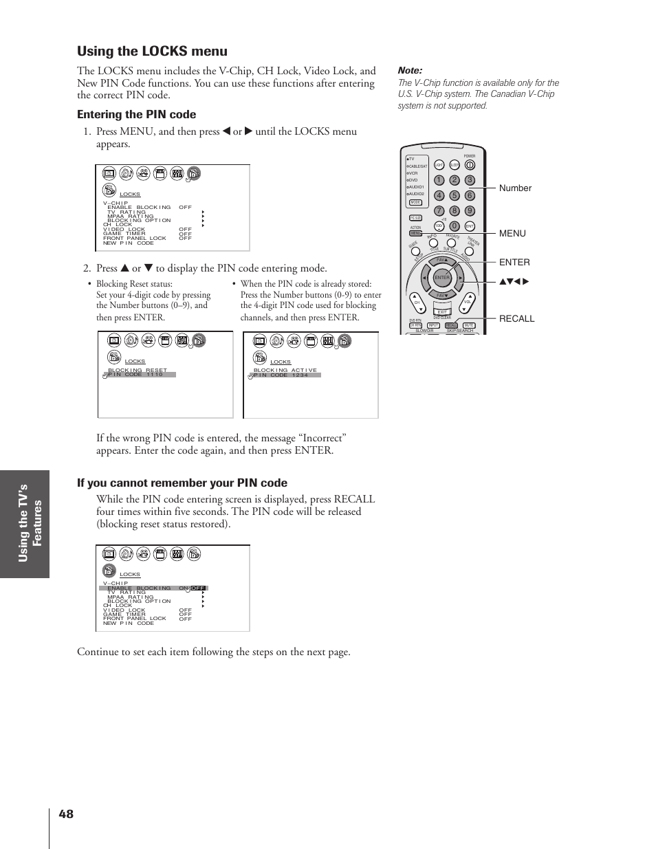 Using the locks menu, Entering the pin code, If you cannot remember your pin code | Press y or z to display the pin code entering mode, Yzx • recall number menu, Enter | Toshiba 46HX83 User Manual | Page 48 / 76