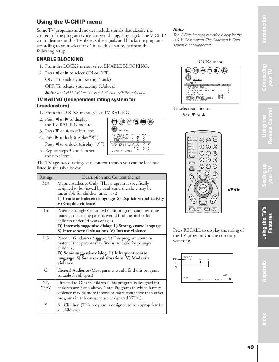 Using the v-chip menu, Enable blocking, Locks menu | Toshiba 46HX83 User Manual | Page 49 / 76