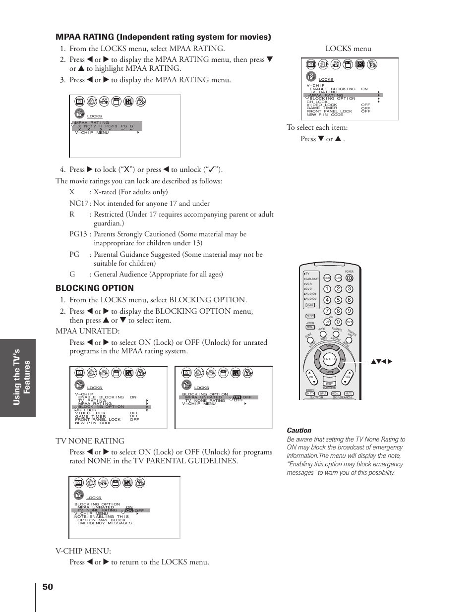 Mpaa rating (independent rating system for movies), Blocking option, Press • to lock (“x”) or press x to unlock (“✓”) | Toshiba 46HX83 User Manual | Page 50 / 76