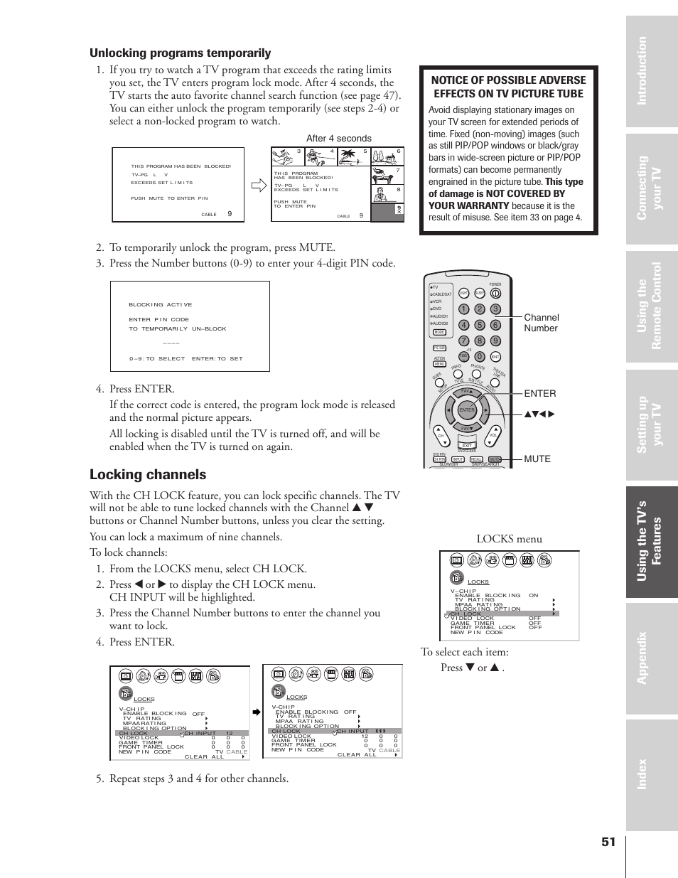 Locking channels, Unlocking programs temporarily, Repeat steps 3 and 4 for other channels | Locks menu, Enter yzx • mute after 4 seconds channel number | Toshiba 46HX83 User Manual | Page 51 / 76