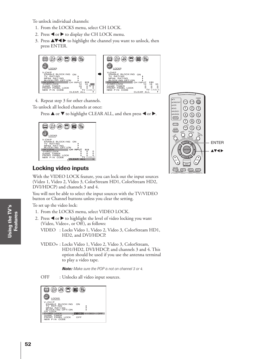 Locking video inputs, Off : unlocks all video input sources, Enter yzx | Toshiba 46HX83 User Manual | Page 52 / 76